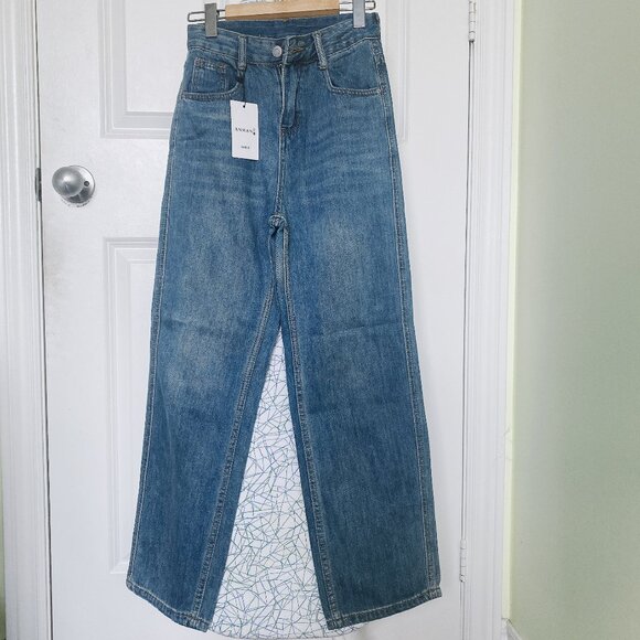 New Chic Blue High Waist Trendy & Flattering Wide Leg Jean Pants - Picture 1 of 6